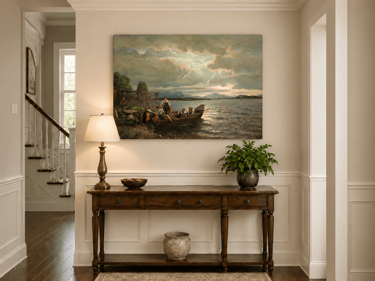 Landscape Oil Painting - Lakeside Fishermen Dusk | Hand-Painted