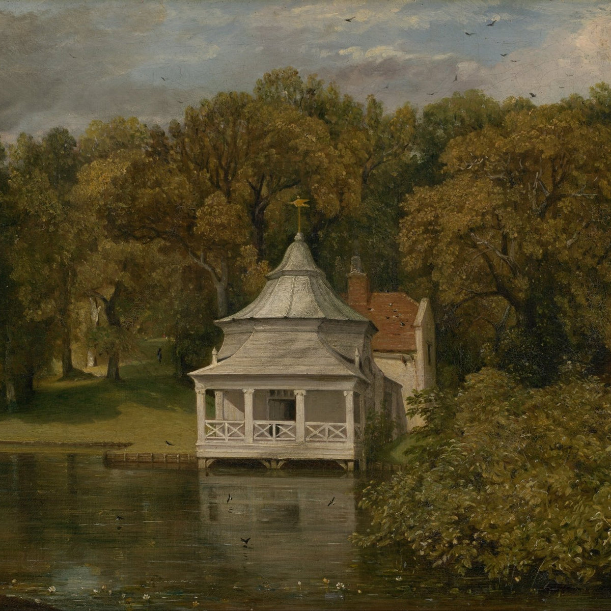 Landscape Oil Painting - Lakeside Gazebo Autumn Garden & Wooded Park - Oil Painting Haven