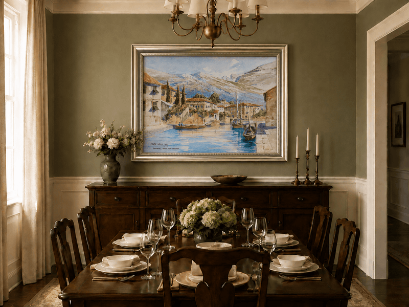 Landscape Oil Painting - Lakeside Harbor Village Mountain View
