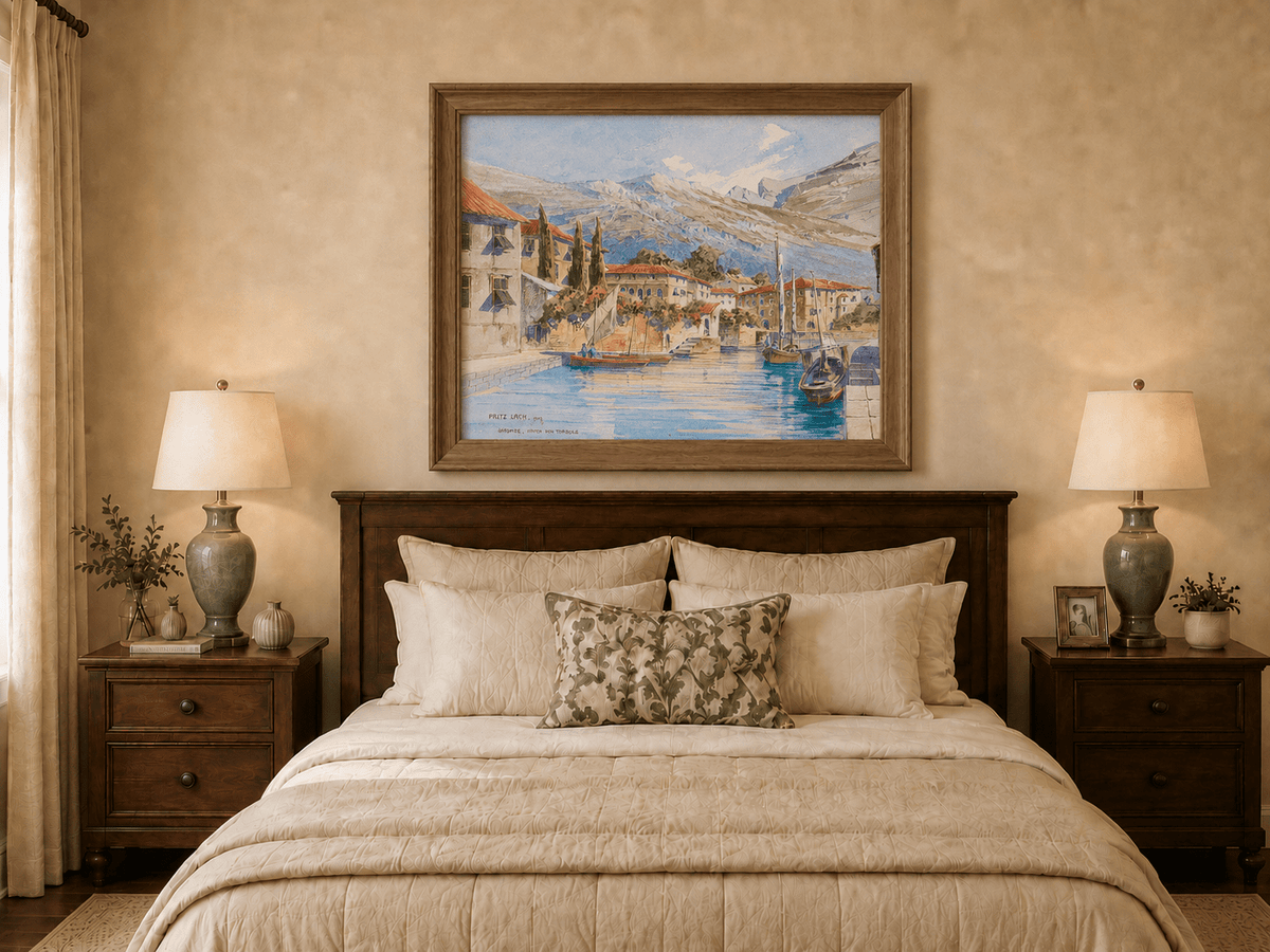 Landscape Oil Painting - Lakeside Harbor Village Mountain View