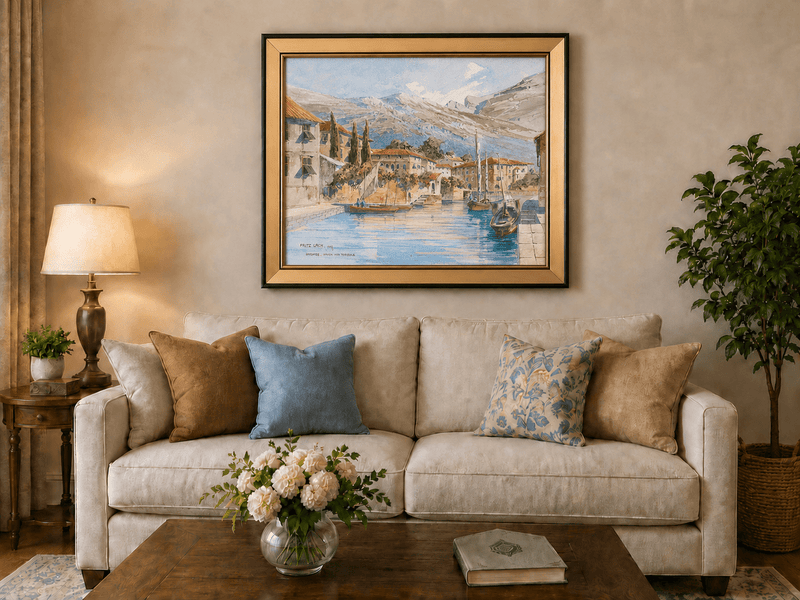 Landscape Oil Painting - Lakeside Harbor Village Mountain View