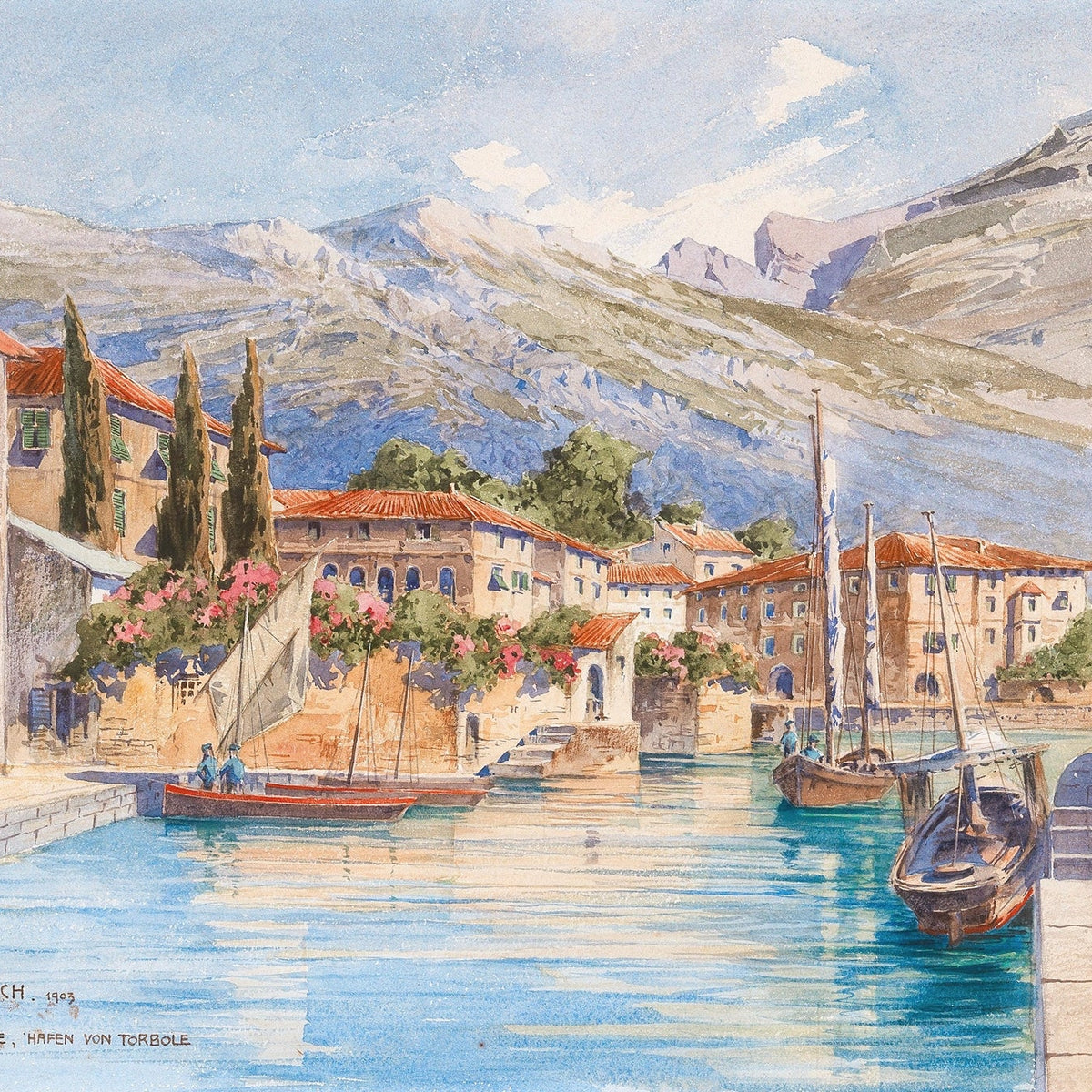 Hand-painted lakeside harbor village mountain view landscape oil painting on canvas