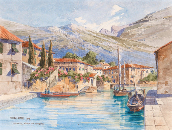 Hand-painted lakeside harbor village mountain view landscape oil painting on canvas