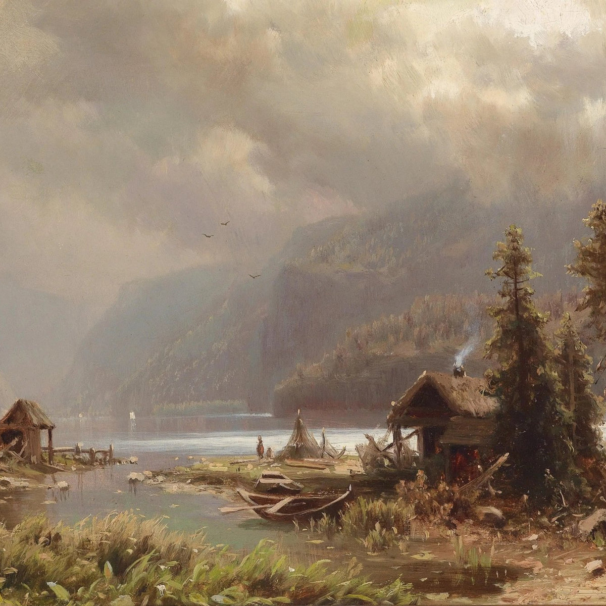 Landscape Oil Painting - Lakeside Huts with Boats & Figures - Oil Painting Haven