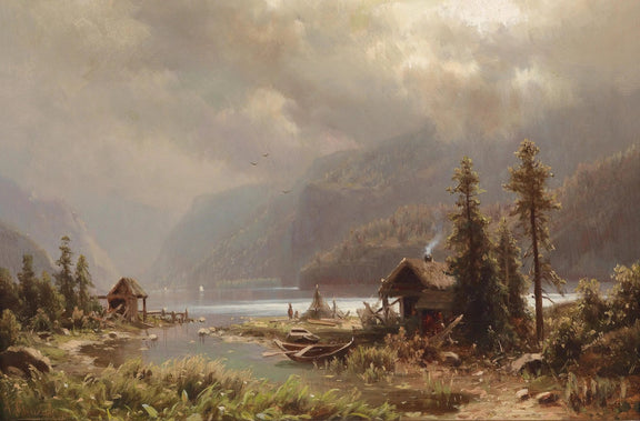 Landscape Oil Painting - Lakeside Huts with Boats & Figures - Oil Painting Haven