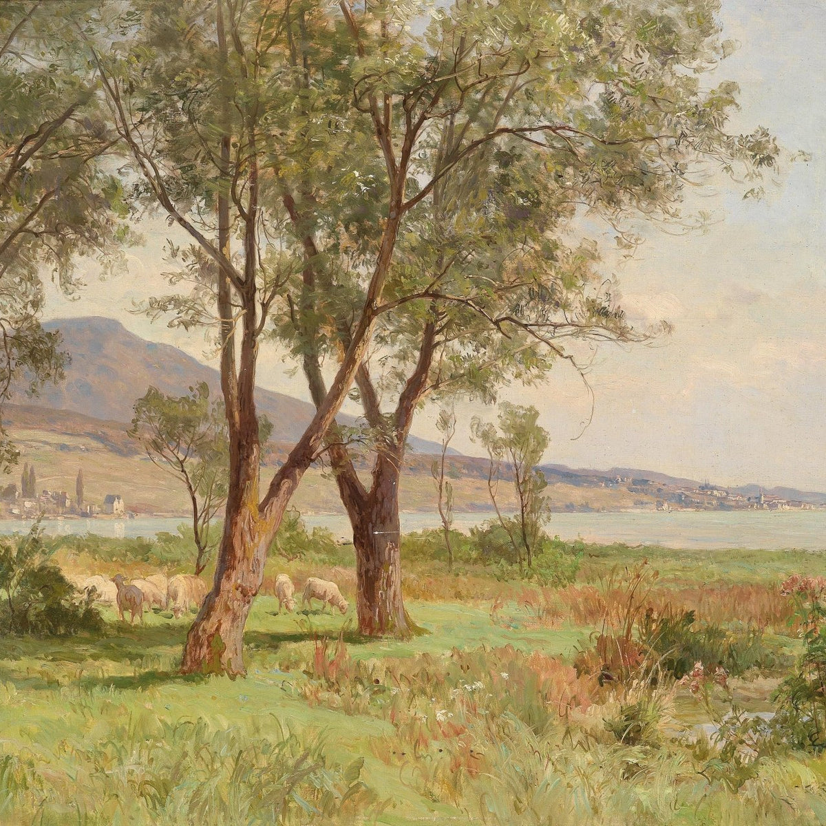 Hand-painted lakeside meadow with grazing sheep landscape oil painting on canvas