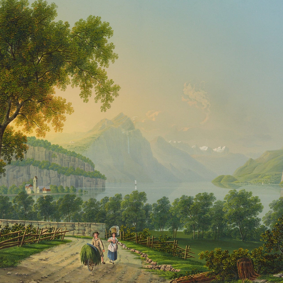 Hand-painted lakeside mountain road at sunset landscape oil painting on canvas