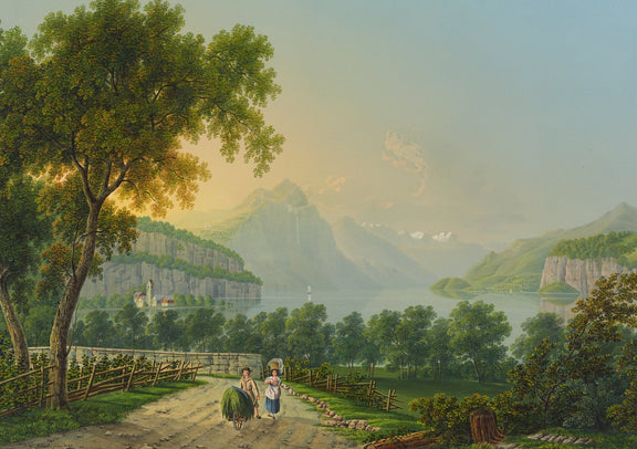 Hand-painted lakeside mountain road at sunset landscape oil painting on canvas