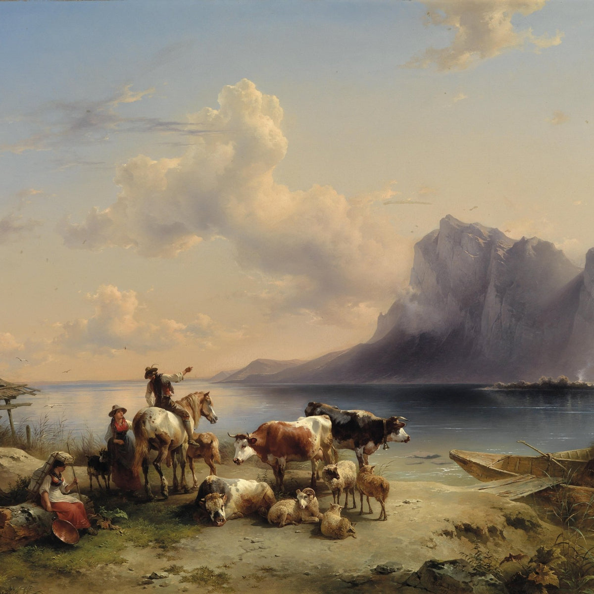 Landscape Oil Painting - Lakeside Pastora & Figures, Livestock, Mountains - Oil Painting Haven