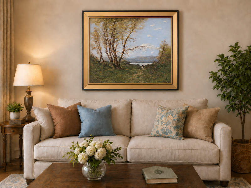 Hand-painted Lakeside Path with Autumn Trees landscape oil painting displayed as wall art in a styled interior