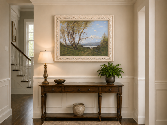Hand-painted Lakeside Path with Autumn Trees landscape oil painting displayed as wall art in a styled interior