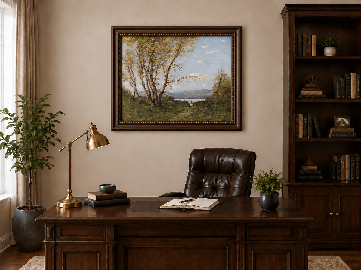 Hand-painted Lakeside Path with Autumn Trees landscape oil painting displayed as wall art in a styled interior