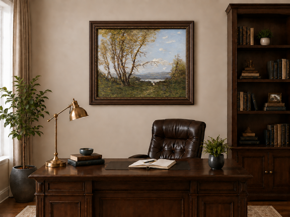Hand-painted Lakeside Path with Autumn Trees landscape oil painting displayed as wall art in a styled interior