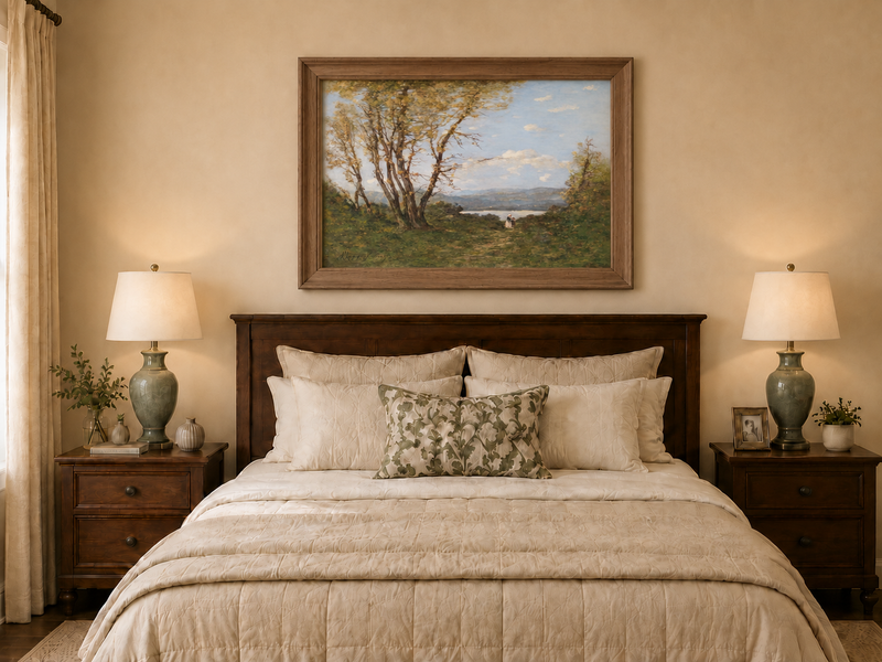 Hand-painted Lakeside Path with Autumn Trees landscape oil painting displayed as wall art in a styled interior