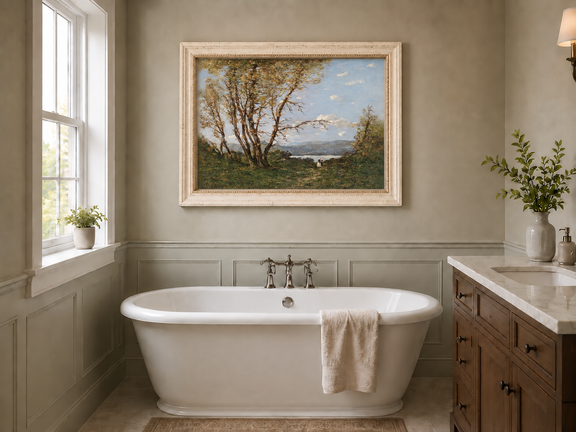 Hand-painted Lakeside Path with Autumn Trees landscape oil painting displayed as wall art in a styled interior