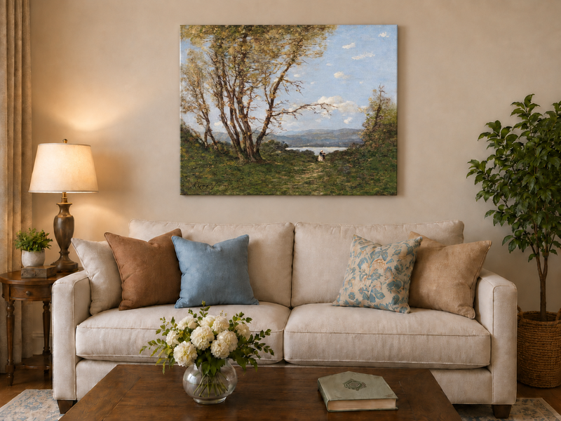 Hand-painted Lakeside Path with Autumn Trees landscape oil painting displayed as wall art in a styled interior