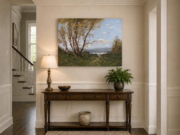 Hand-painted Lakeside Path with Autumn Trees landscape oil painting displayed as wall art in a styled interior