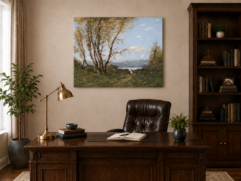 Hand-painted Lakeside Path with Autumn Trees landscape oil painting displayed as wall art in a styled interior