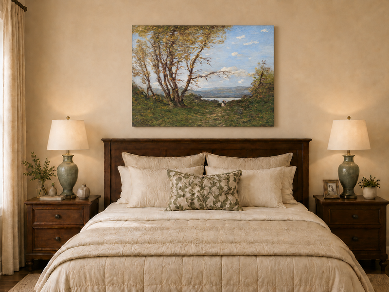 Hand-painted Lakeside Path with Autumn Trees landscape oil painting displayed as wall art in a styled interior
