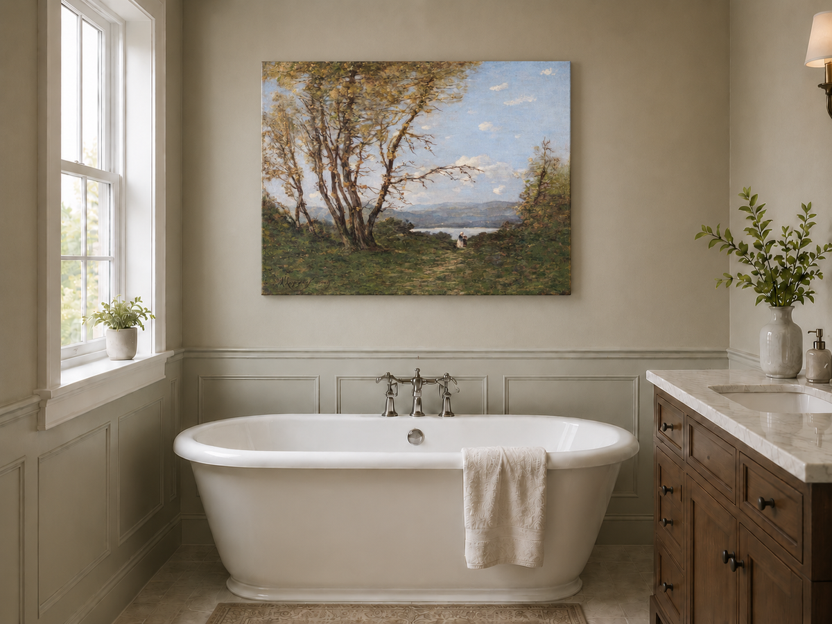 Hand-painted Lakeside Path with Autumn Trees landscape oil painting displayed as wall art in a styled interior