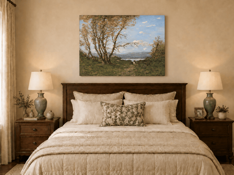Hand-painted Lakeside Path with Autumn Trees landscape oil painting displayed as wall art in a styled interior