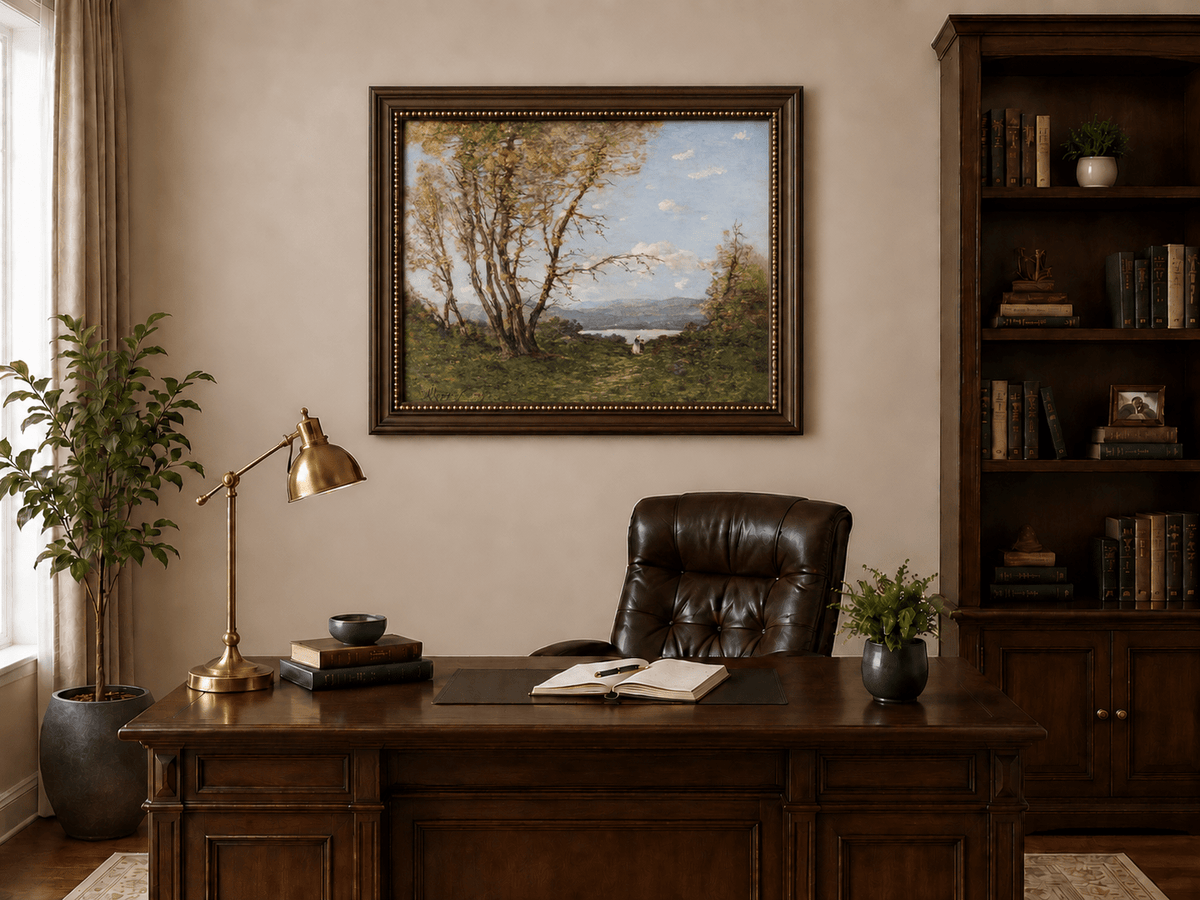 Hand-painted Lakeside Path with Autumn Trees landscape oil painting displayed as wall art in a styled interior