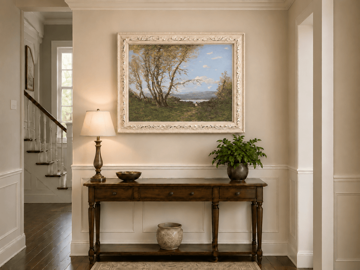 Hand-painted Lakeside Path with Autumn Trees landscape oil painting displayed as wall art in a styled interior