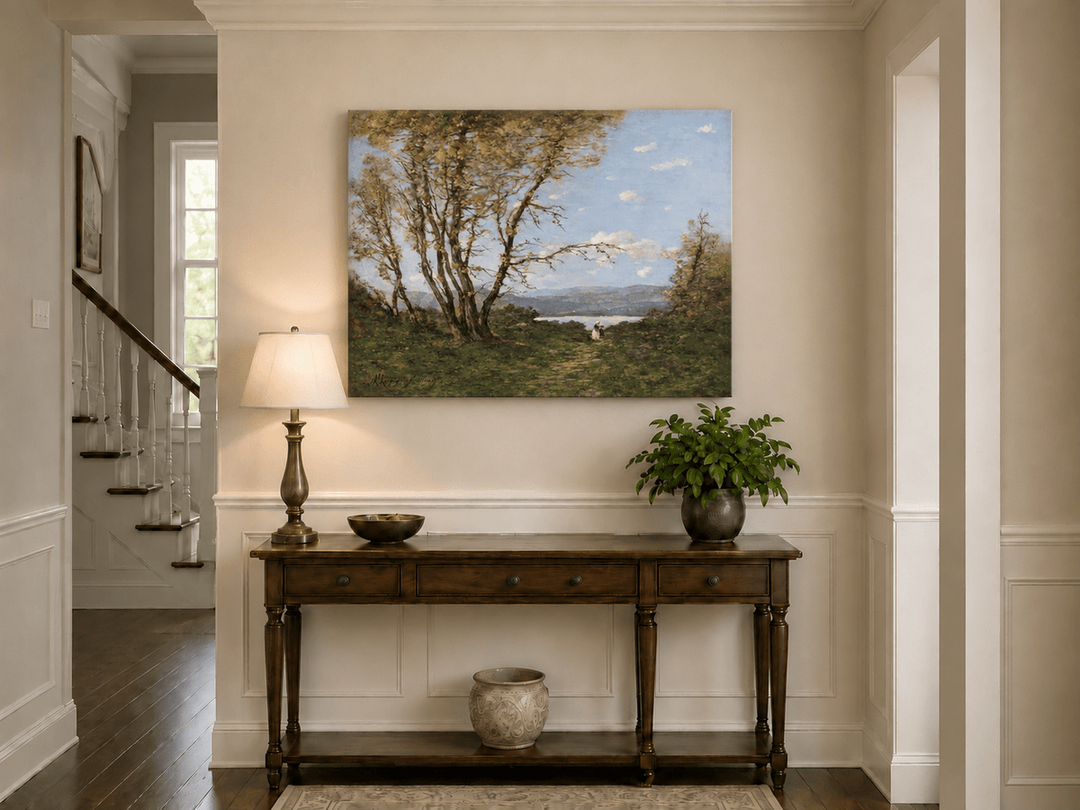 Hand-painted Lakeside Path with Autumn Trees landscape oil painting displayed as wall art in a styled interior