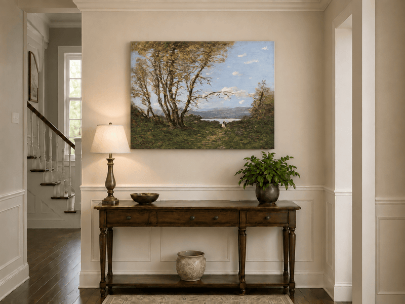 Hand-painted Lakeside Path with Autumn Trees landscape oil painting displayed as wall art in a styled interior
