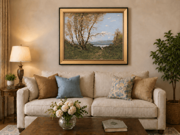 Hand-painted Lakeside Path with Autumn Trees landscape oil painting displayed as wall art in a styled interior