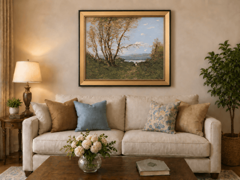 Hand-painted Lakeside Path with Autumn Trees landscape oil painting displayed as wall art in a styled interior