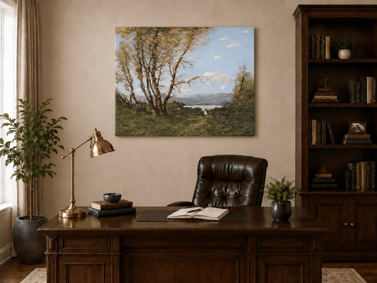 Hand-painted Lakeside Path with Autumn Trees landscape oil painting displayed as wall art in a styled interior