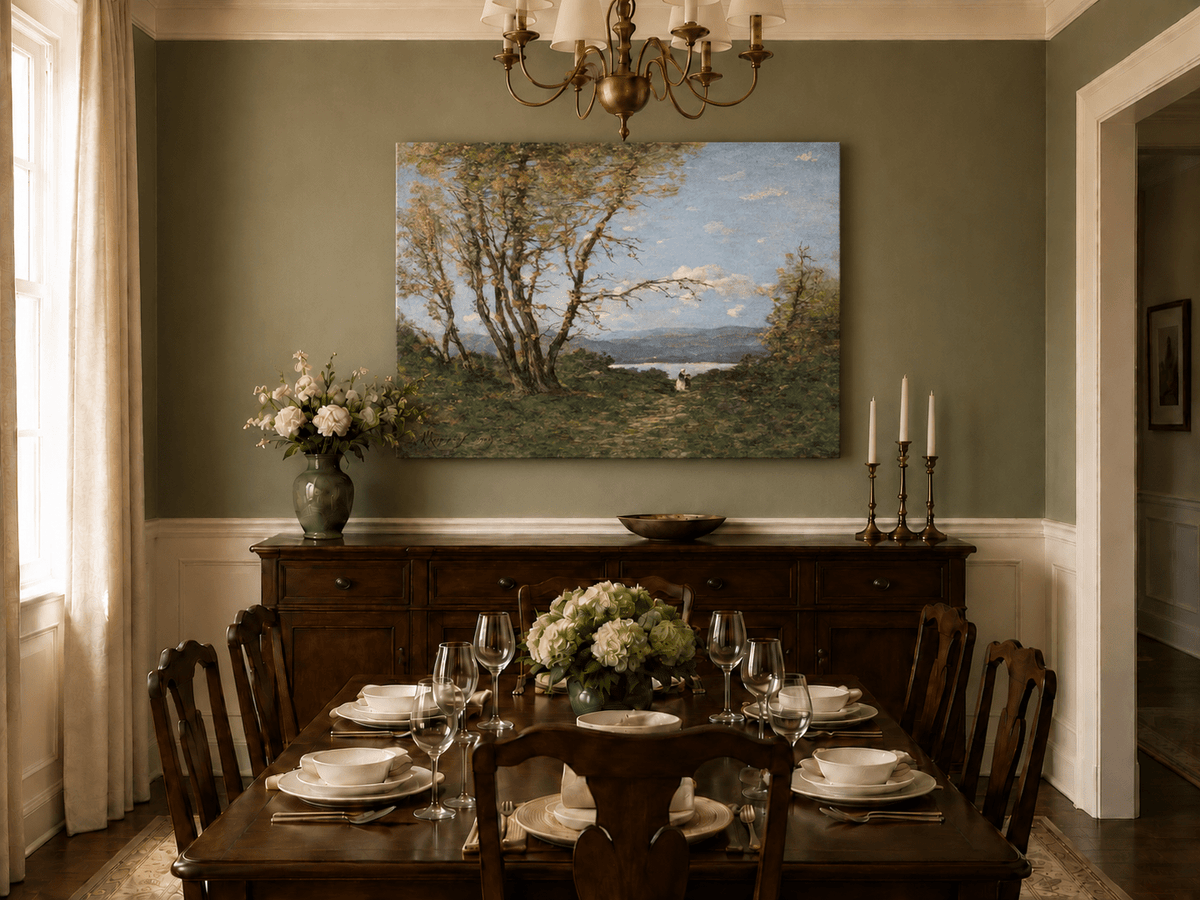Hand-painted Lakeside Path with Autumn Trees landscape oil painting displayed as wall art in a styled interior