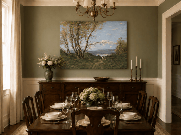 Hand-painted Lakeside Path with Autumn Trees landscape oil painting displayed as wall art in a styled interior