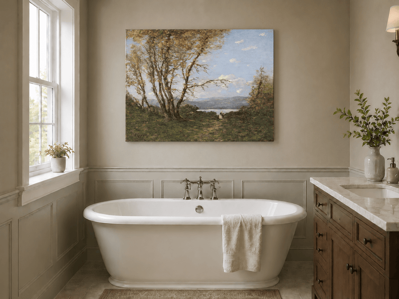 Hand-painted Lakeside Path with Autumn Trees landscape oil painting displayed as wall art in a styled interior