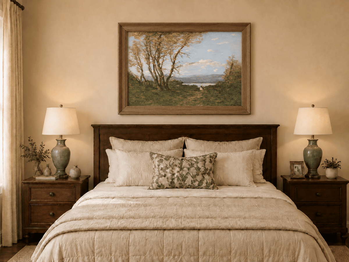 Hand-painted Lakeside Path with Autumn Trees landscape oil painting displayed as wall art in a styled interior