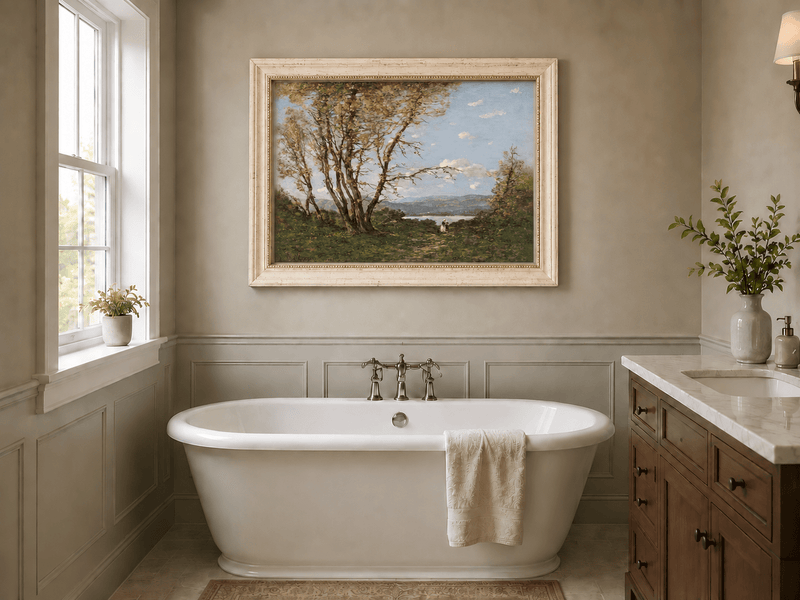 Hand-painted Lakeside Path with Autumn Trees landscape oil painting displayed as wall art in a styled interior