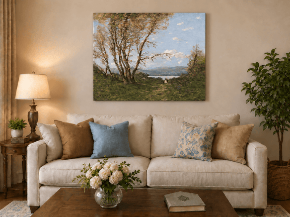 Hand-painted Lakeside Path with Autumn Trees landscape oil painting displayed as wall art in a styled interior