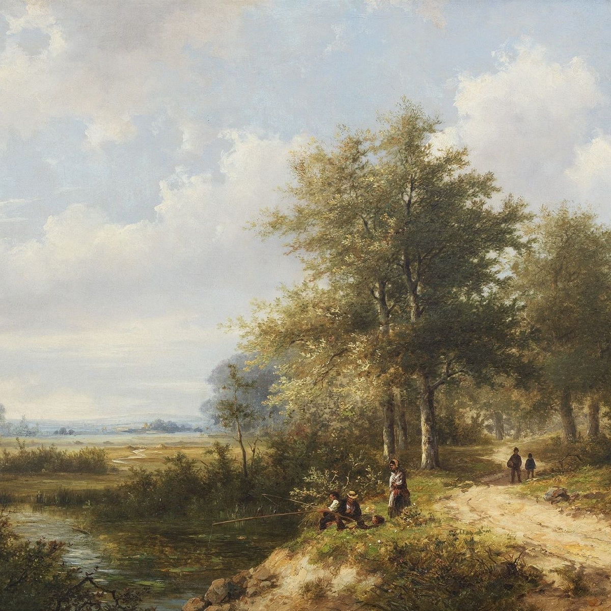 Hand-painted lakeside path with figures and tall trees landscape oil painting on canvas