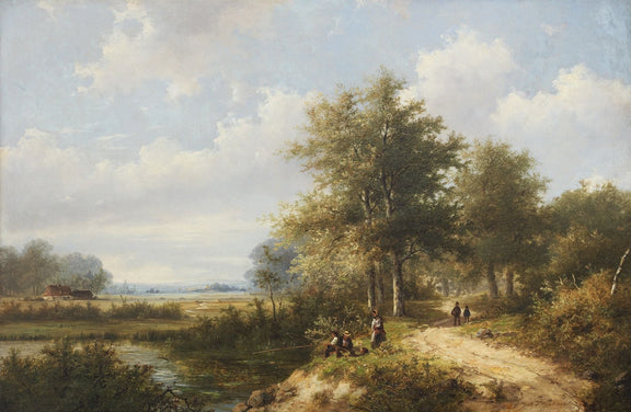 Hand-painted lakeside path with figures and tall trees landscape oil painting on canvas