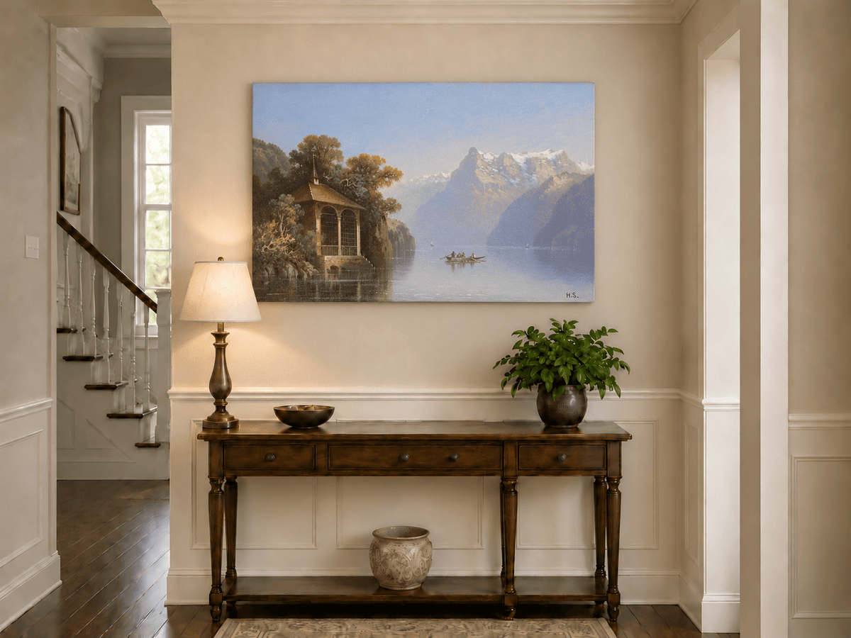 Landscape Oil Painting - Lakeside Pavilion & Alps | Hand-Painted