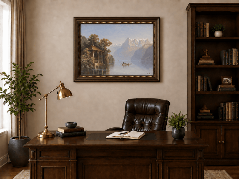 Landscape Oil Painting - Lakeside Pavilion & Alps | Hand-Painted