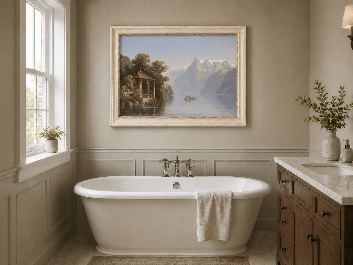 Landscape Oil Painting - Lakeside Pavilion & Alps | Hand-Painted