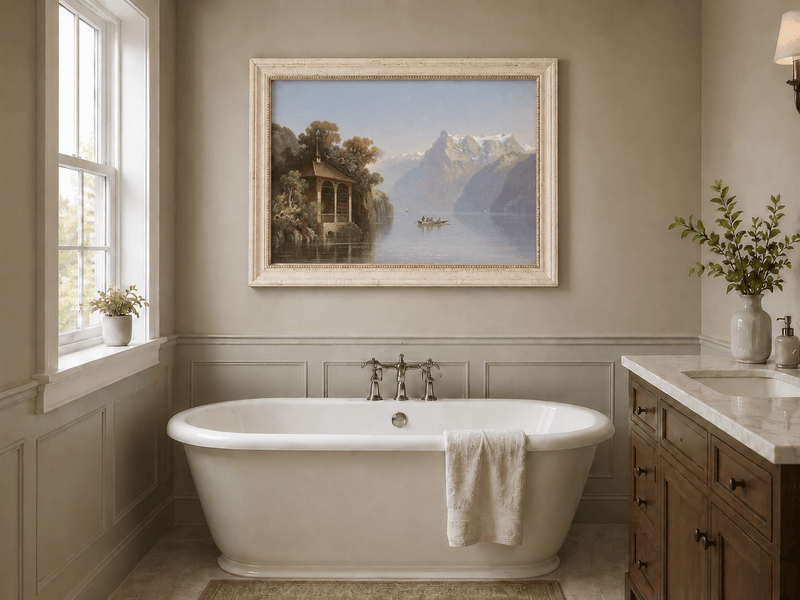 Landscape Oil Painting - Lakeside Pavilion & Alps | Hand-Painted