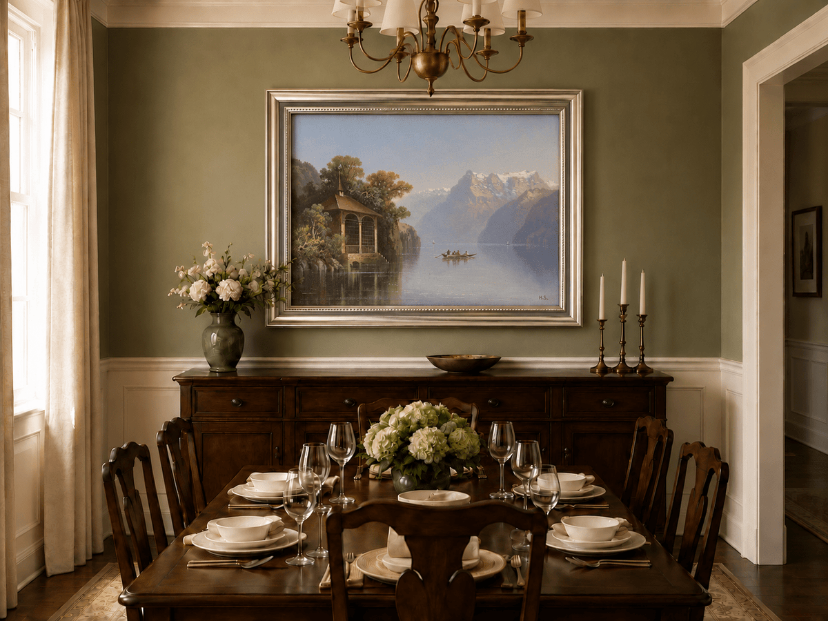 Landscape Oil Painting - Lakeside Pavilion & Alps | Hand-Painted