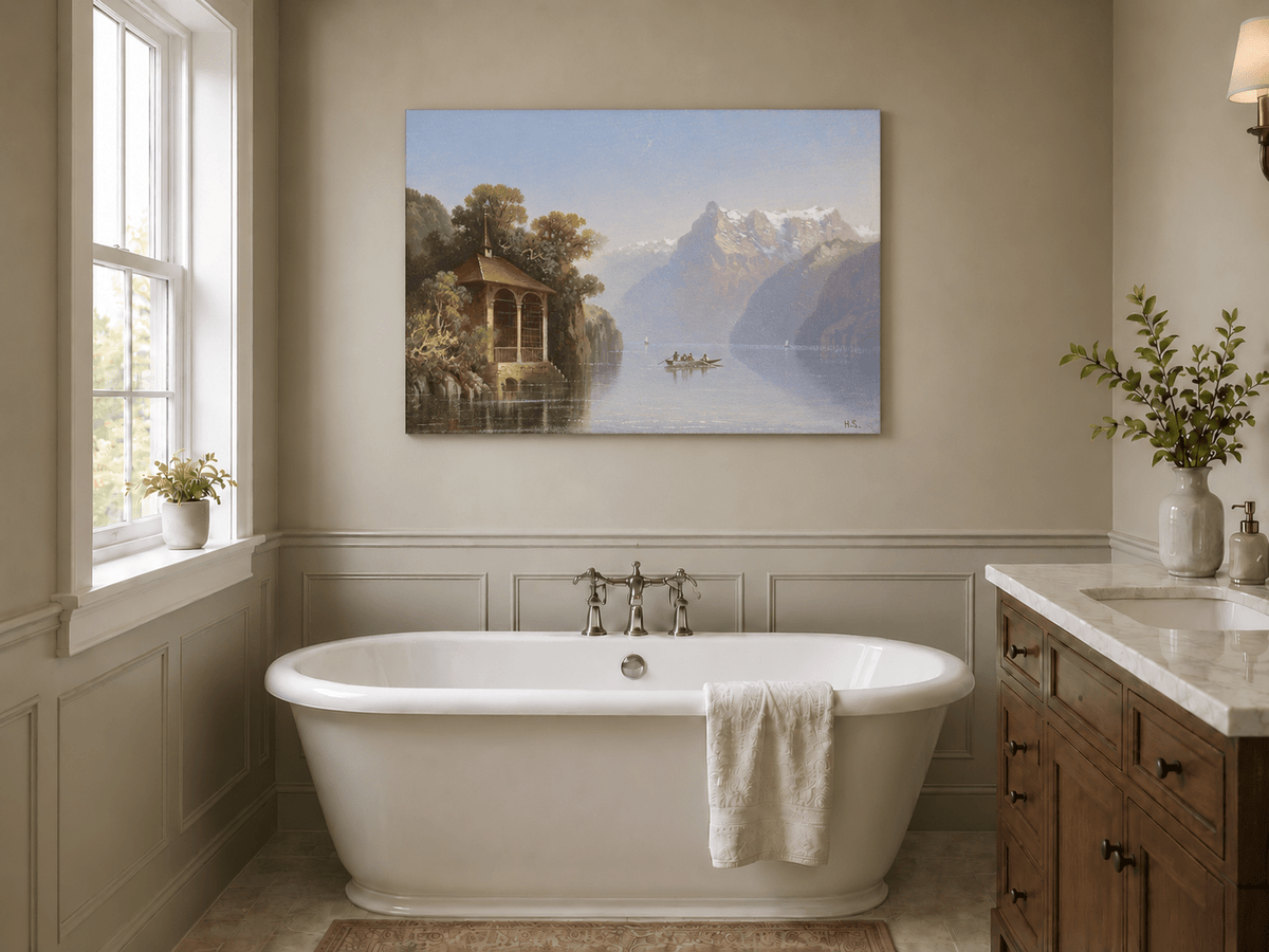 Landscape Oil Painting - Lakeside Pavilion & Alps | Hand-Painted