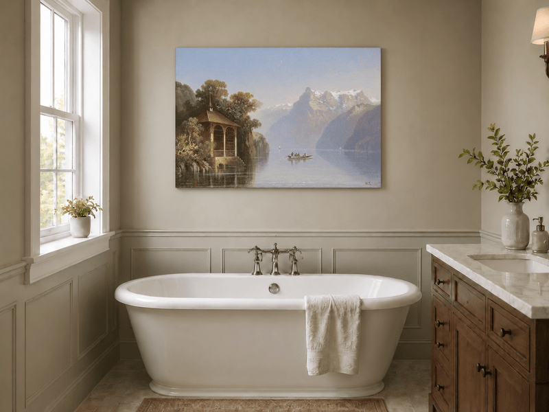 Landscape Oil Painting - Lakeside Pavilion & Alps | Hand-Painted
