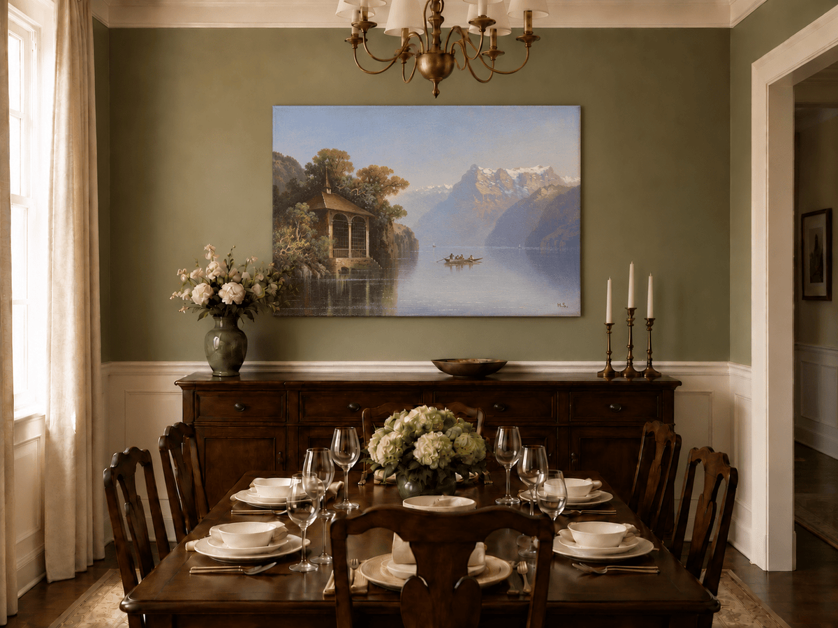 Landscape Oil Painting - Lakeside Pavilion & Alps | Hand-Painted