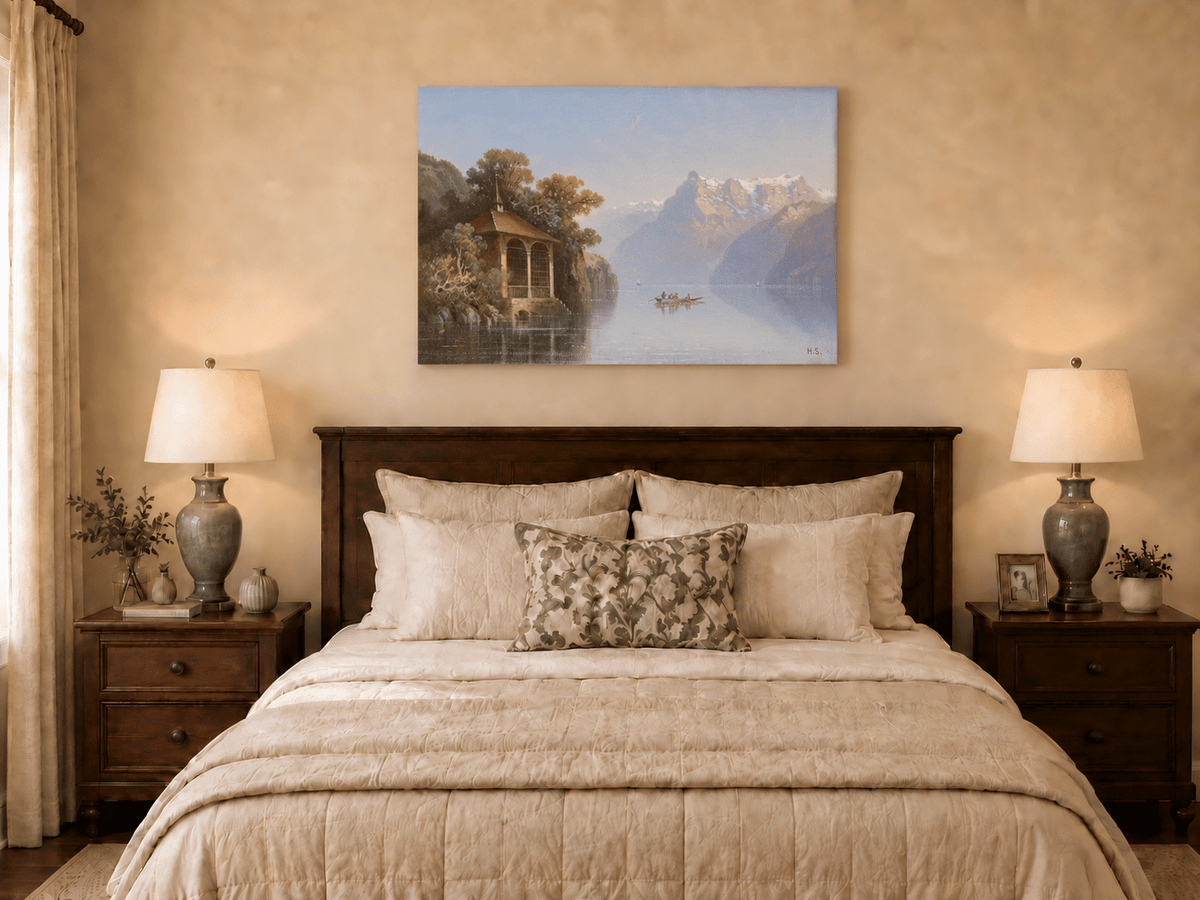 Landscape Oil Painting - Lakeside Pavilion & Alps | Hand-Painted