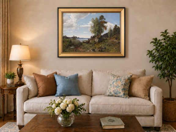 Hand-painted Lakeside Pines and Rustic Shore Path landscape oil painting displayed as wall art in a styled interior